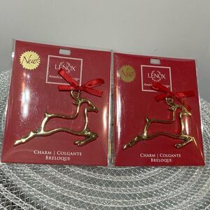 Lenox Golden Reindeer Charm Christmas Ornaments Set of 2 NWT